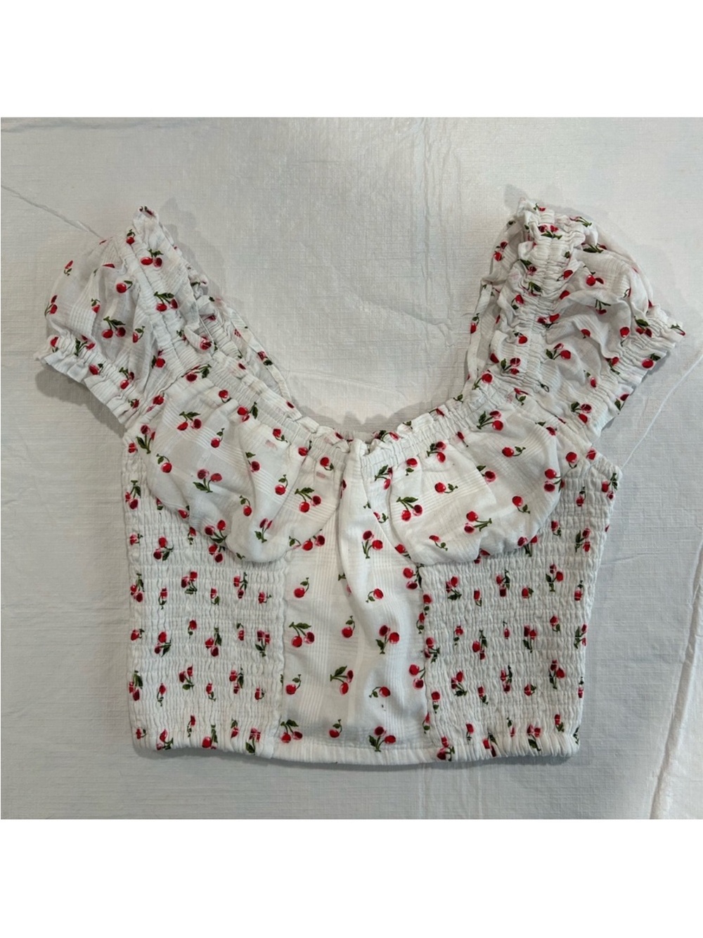 Japna White Cherry Print Smocked Top